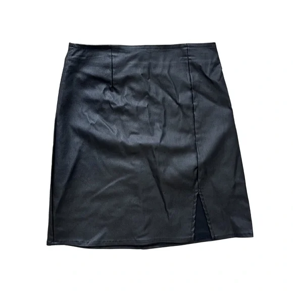Black Faux Leather Mini Skirt Small High Waisted Side Slit - Picture 2 of 3